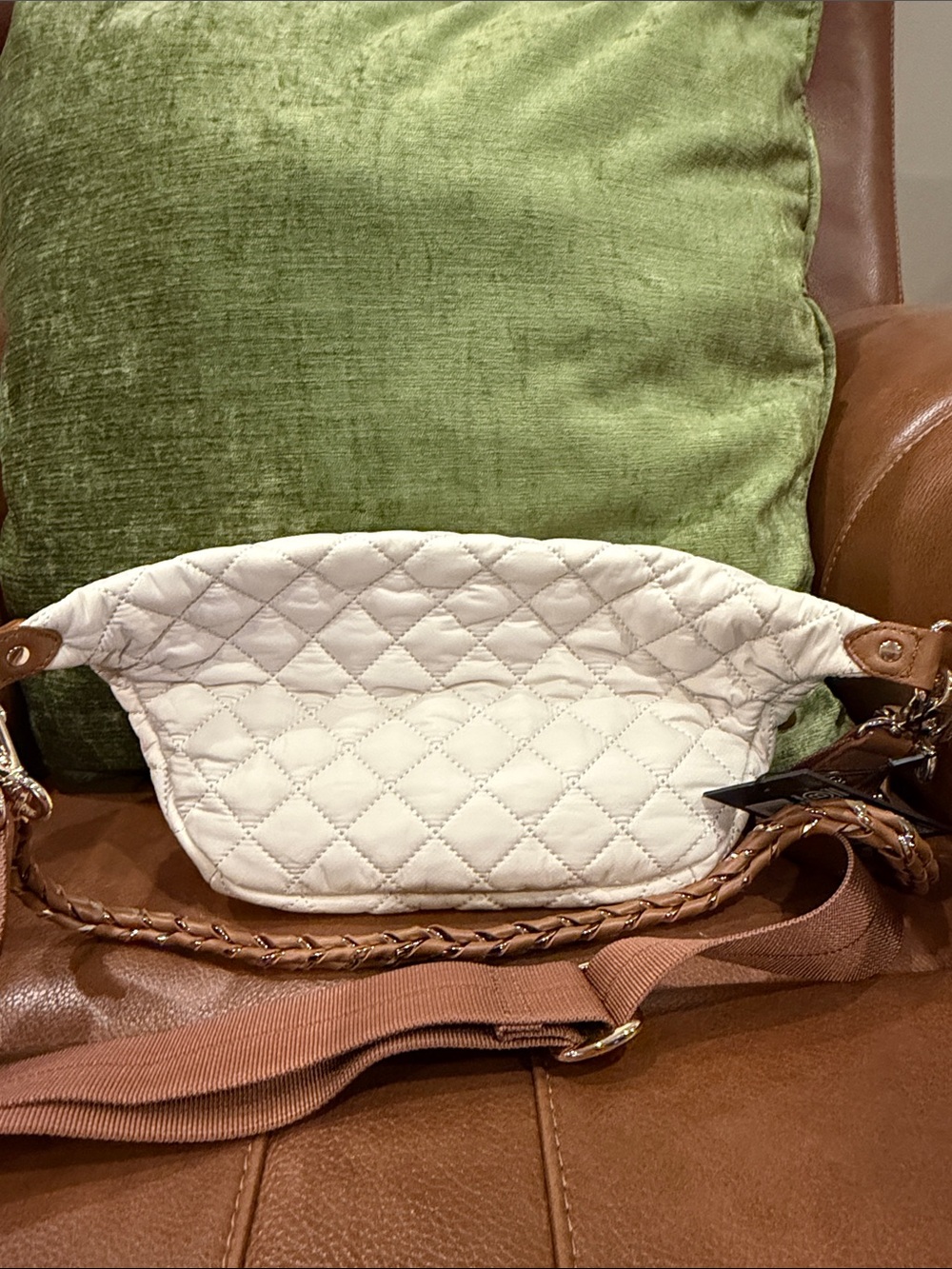 MZ Wallace Crosby Sling Bag - Cream Quilted Crossbody Belt Bag with Tan Trim - Picture 7 of 17